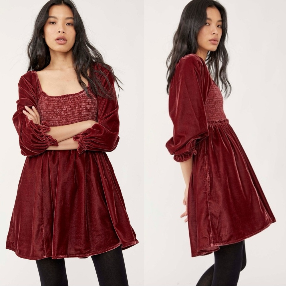 Free People Dainty Renaissance Daphne Velvet Mini Dress Burgundy Brown Small - Picture 7 of 17